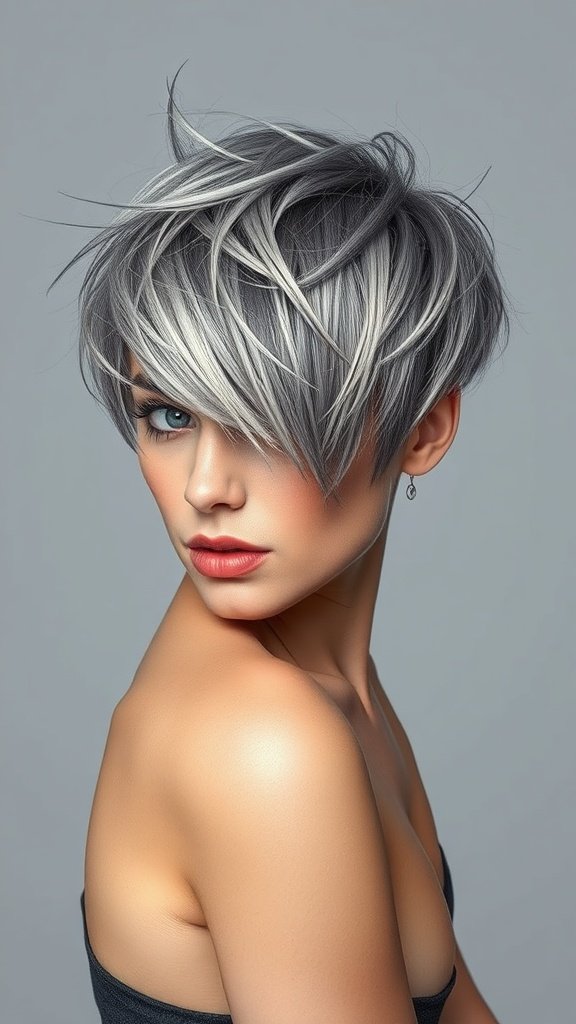A model showcasing a multi-dimensional gray pixie shag hairstyle with tousled layers.
