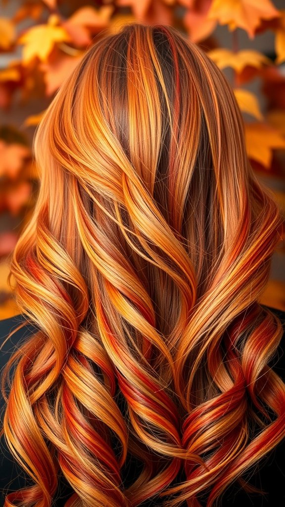 A vibrant hairstyle featuring a mix of orange and red colors, styled in curls against a backdrop of autumn leaves.