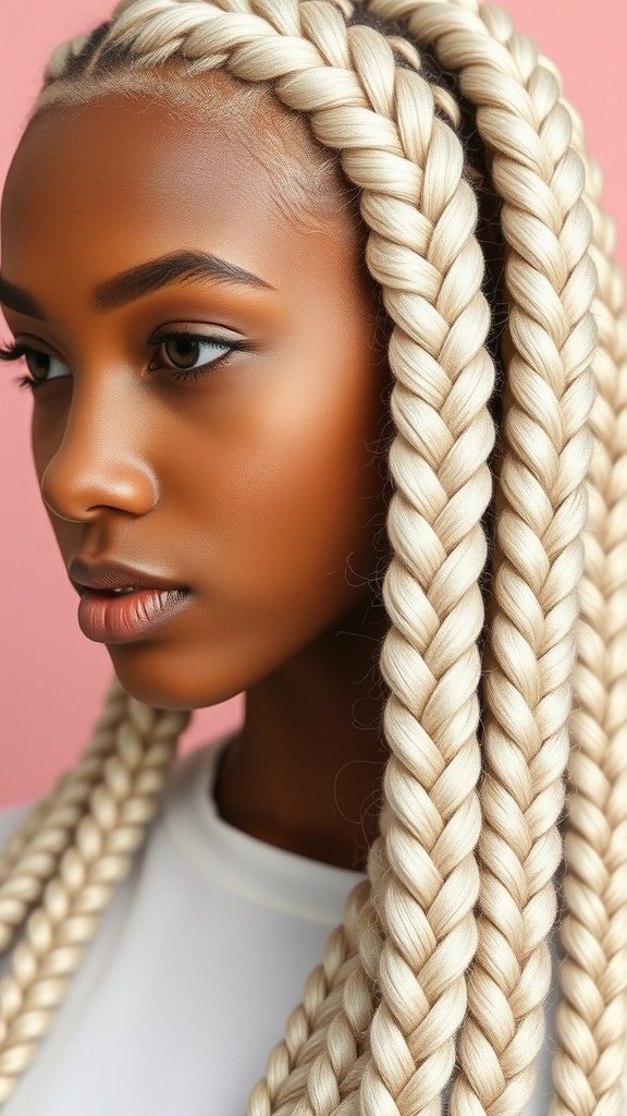 A close-up of a person with platinum Dutch braids, showcasing the intricate style against a pink background.
