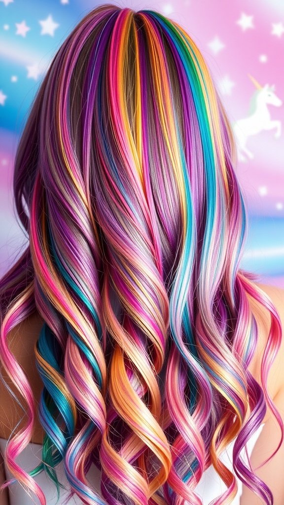 A vibrant hairstyle featuring rainbow accents in pink, purple, blue, and orange, styled in loose curls against a whimsical background.