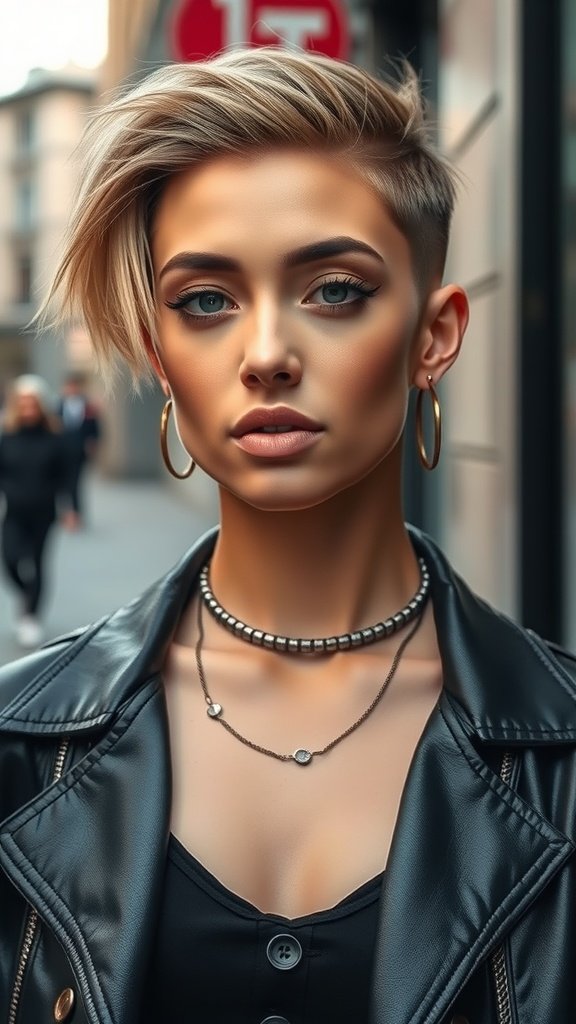 A stylish woman with a razor cut hairstyle featuring a soft undercut, wearing a leather jacket and layered necklaces.