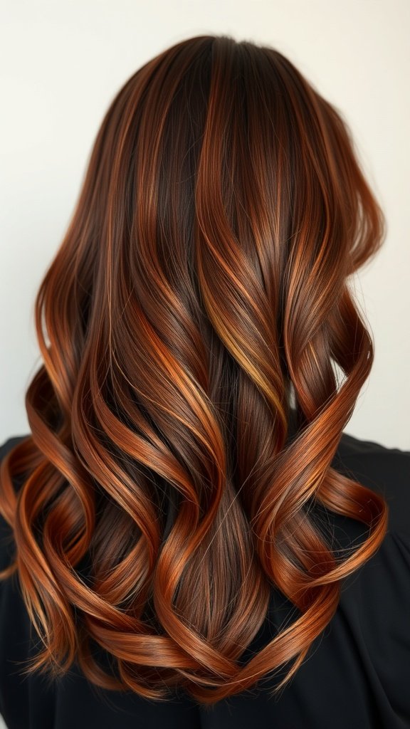 A hairstyle featuring rich brown hair with auburn highlights styled in soft waves.
