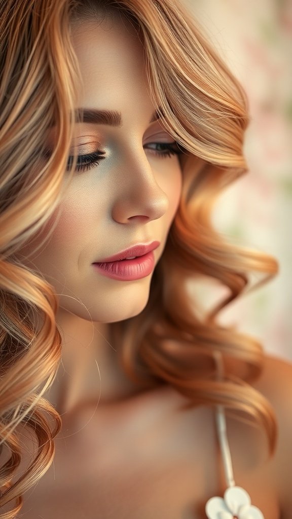 A close-up of a woman with soft curls in a romantic rose gold color, showcasing a natural and elegant look.