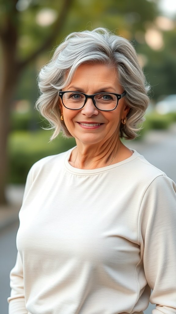 A woman over 50 with soft waves and glasses, showcasing a romantic hairstyle.