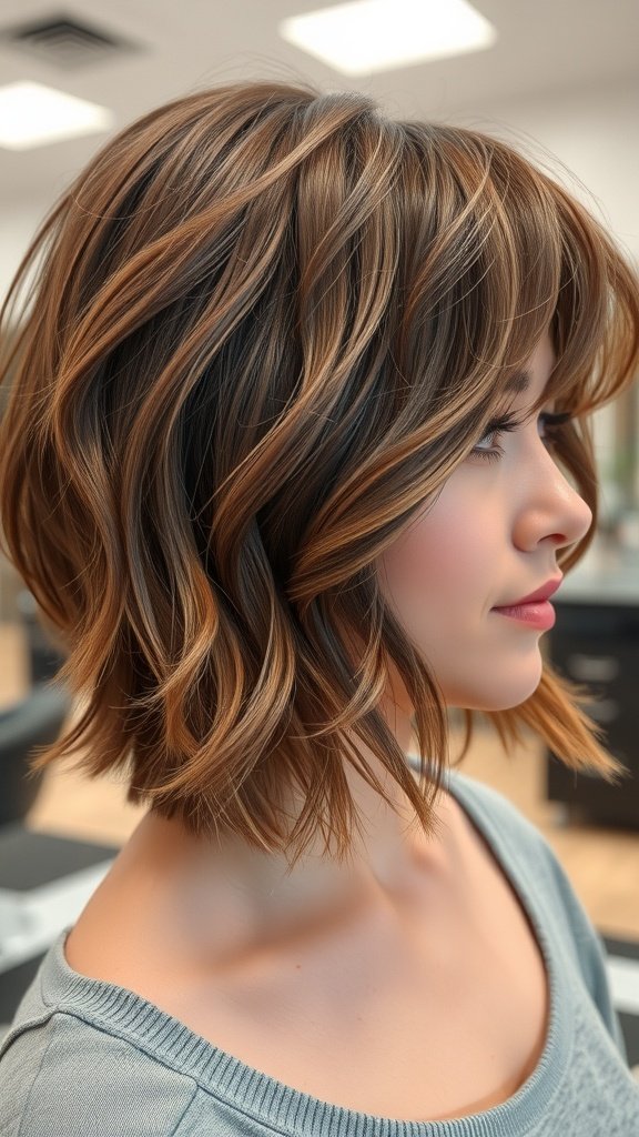 A side view of a woman with a shaggy bob haircut featuring fringed layers and warm tones.