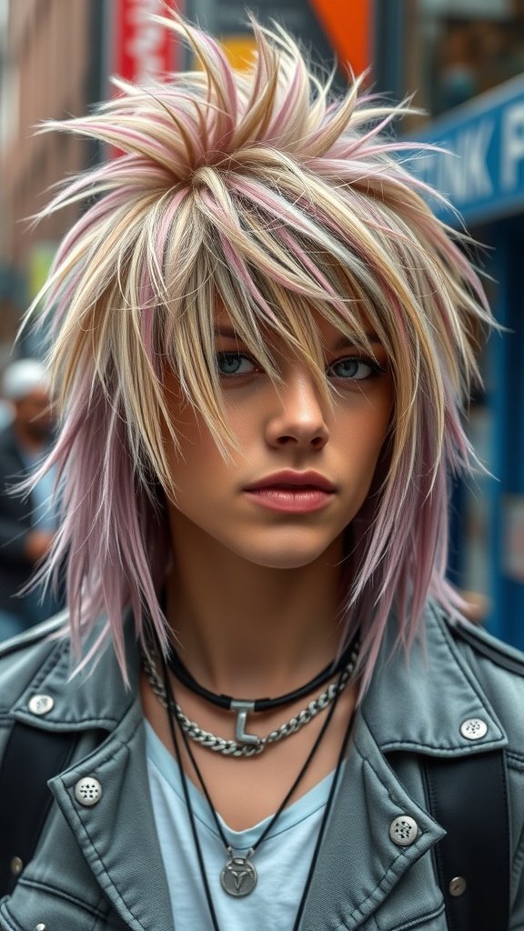 A person with a shaggy mullet hairstyle featuring pastel highlights, wearing a leather jacket and layered necklaces.