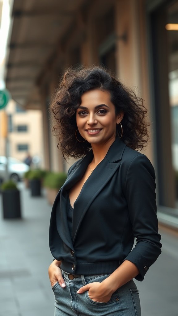 A woman with short dark mocha curls, wearing a stylish outfit, smiling confidently in an urban setting.