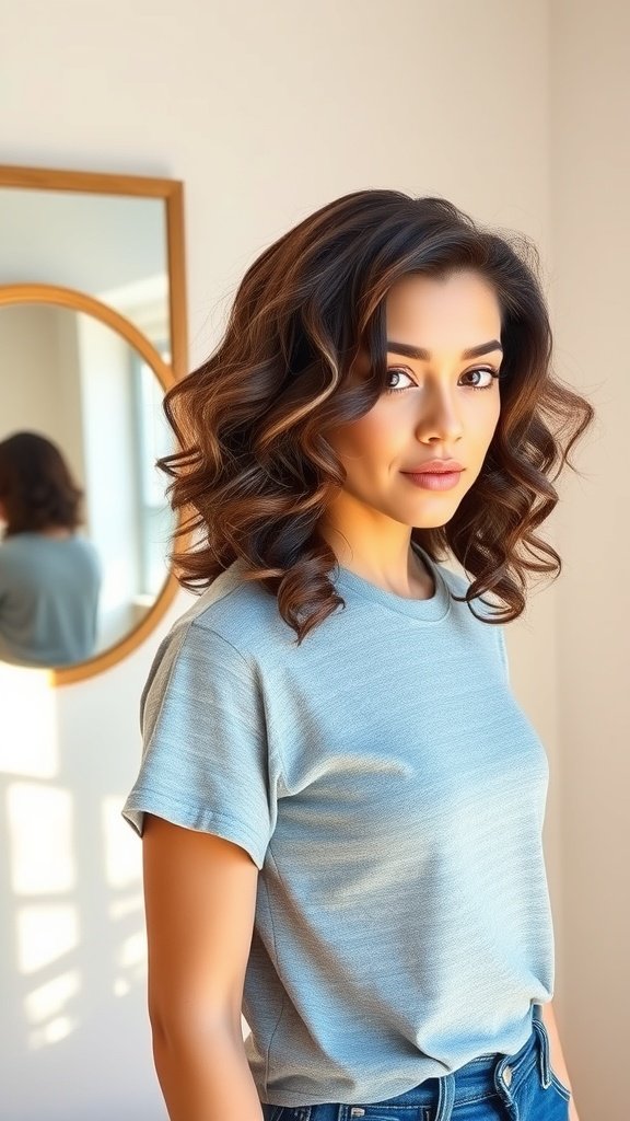 A woman with shoulder-length soft barrel curls, wearing a light blue shirt, standing in front of a mirror.