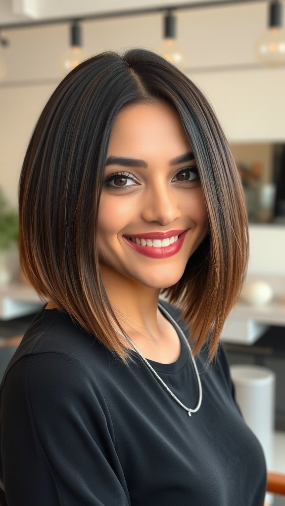 A woman with a shoulder-skimming tapered bob hairstyle, smiling confidently.