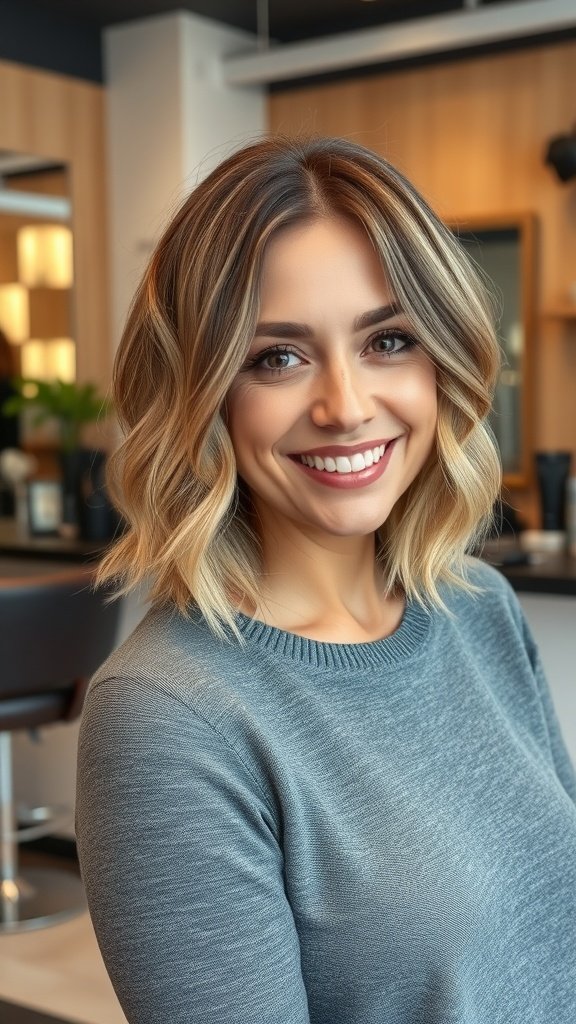 A woman with a side-parted bob hairstyle featuring slight waves, smiling in a salon setting.