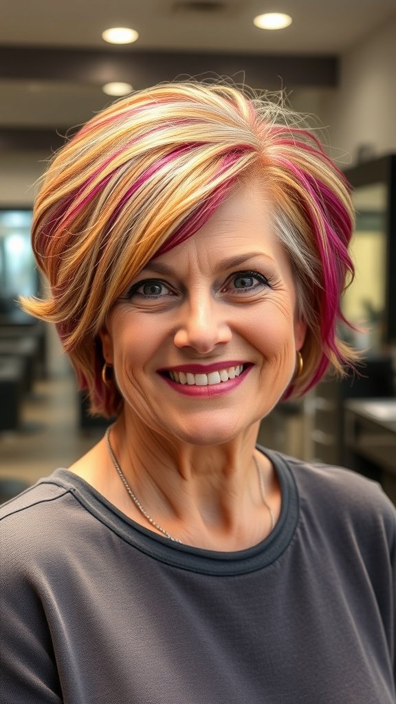 A woman with a side-parted wavy pixie cut featuring vibrant highlights, smiling confidently.