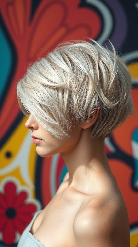 A woman with a silver layered pixie hairstyle, showcasing a stylish and modern look.