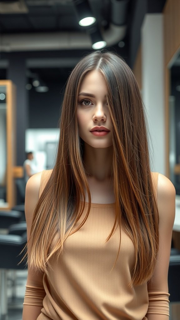 A woman with sleek, straight layered hair, showcasing a polished and stylish look.