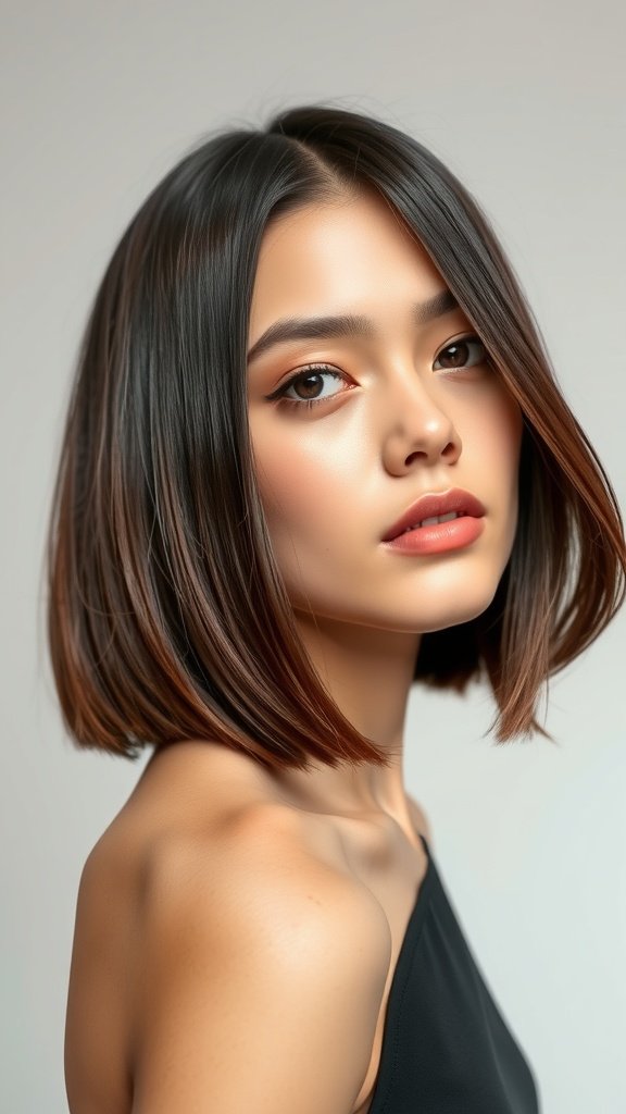 A woman with a sleek angled lob hairstyle, showcasing a polished and elegant look.
