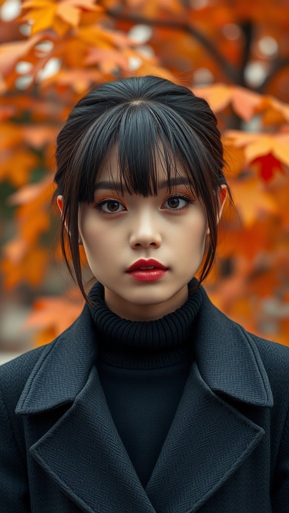A young woman with sleek curtain bangs, wearing a black coat, against a backdrop of autumn leaves.