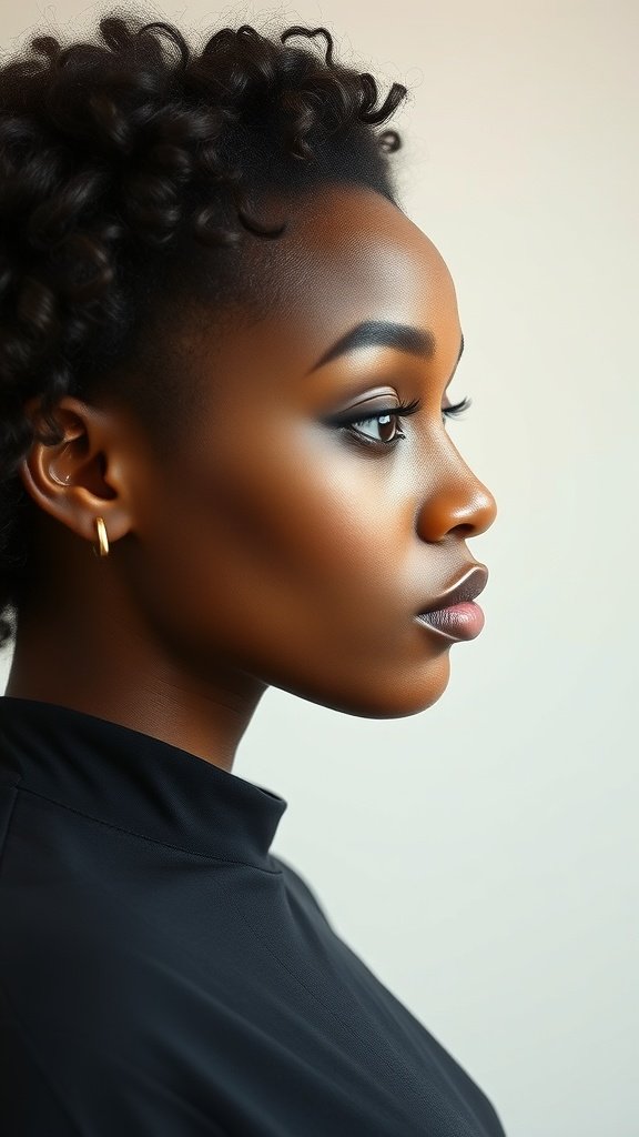 A profile view of a person with natural hair styled in a sleek hush cut, showcasing defined curls and a polished look.