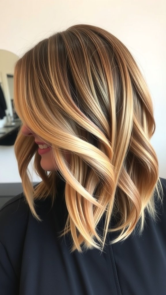 A woman with sleek shag haircut featuring graduated layers and subtle highlights.