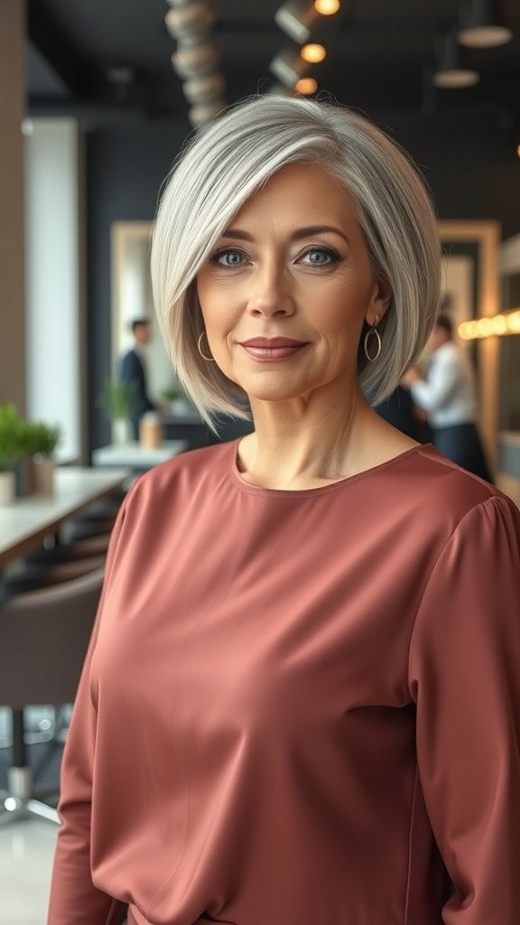 A woman over 50 with fine hair wearing a sleek side-parted bob hairstyle in a modern setting.