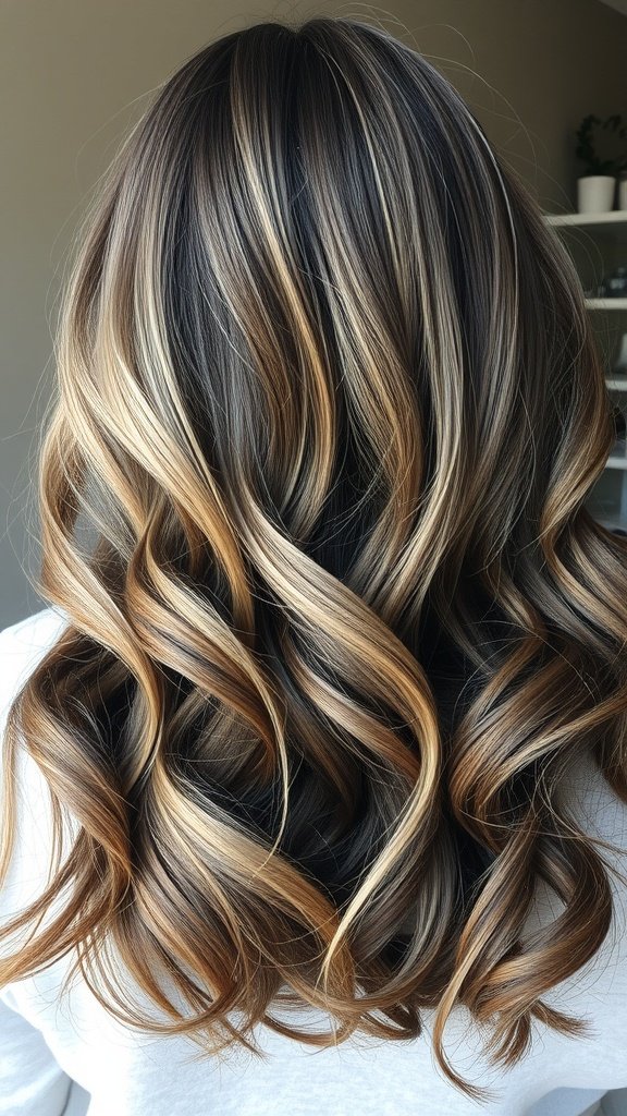 A woman with dark hair styled in soft waves, showcasing a smoked walnut ombre effect with rich tones and subtle gray highlights.
