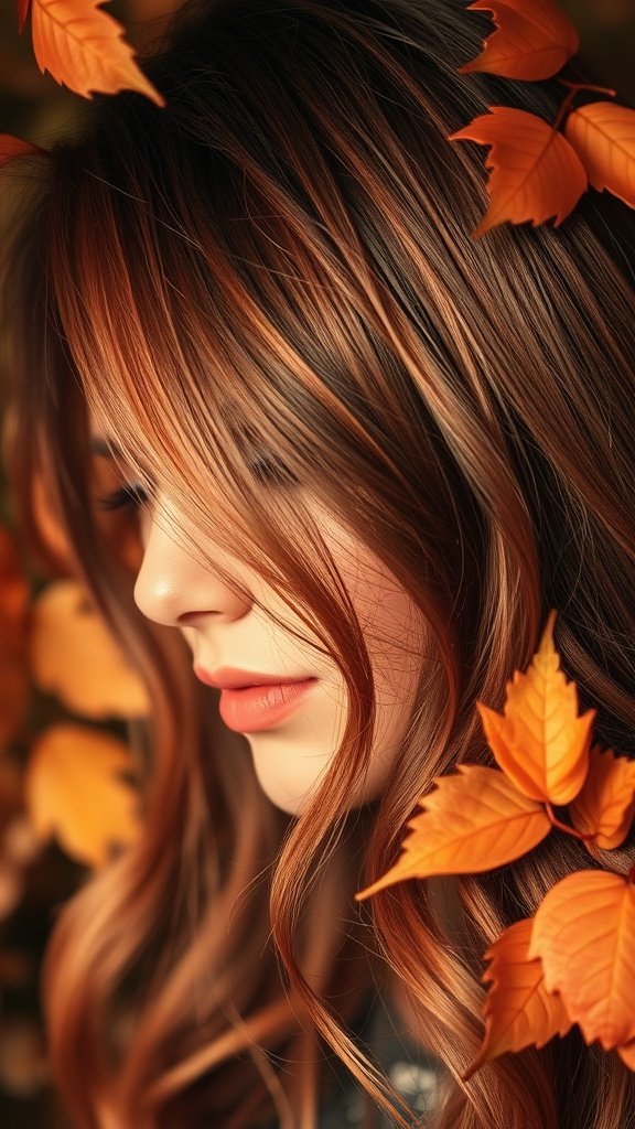 A woman with smoky maple red hair surrounded by autumn leaves