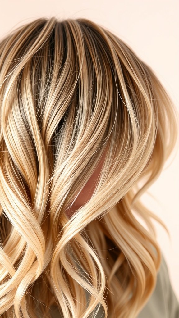 Soft ash blonde hair with caramel streaks styled in loose waves