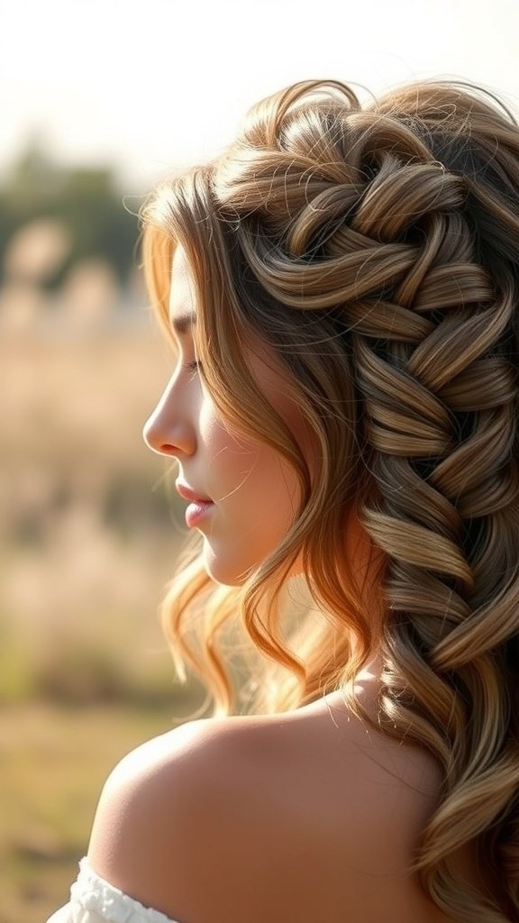 A woman with soft curls and an infinity braid hairstyle, showcasing a romantic and chic look.