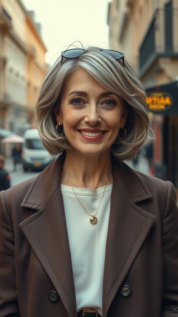 A woman with a soft feathered bob hairstyle, smiling confidently in a city street.