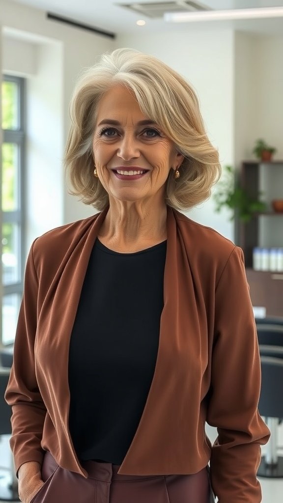 A woman over 70 with soft shoulder-length curls and a side part, smiling confidently in a modern setting.