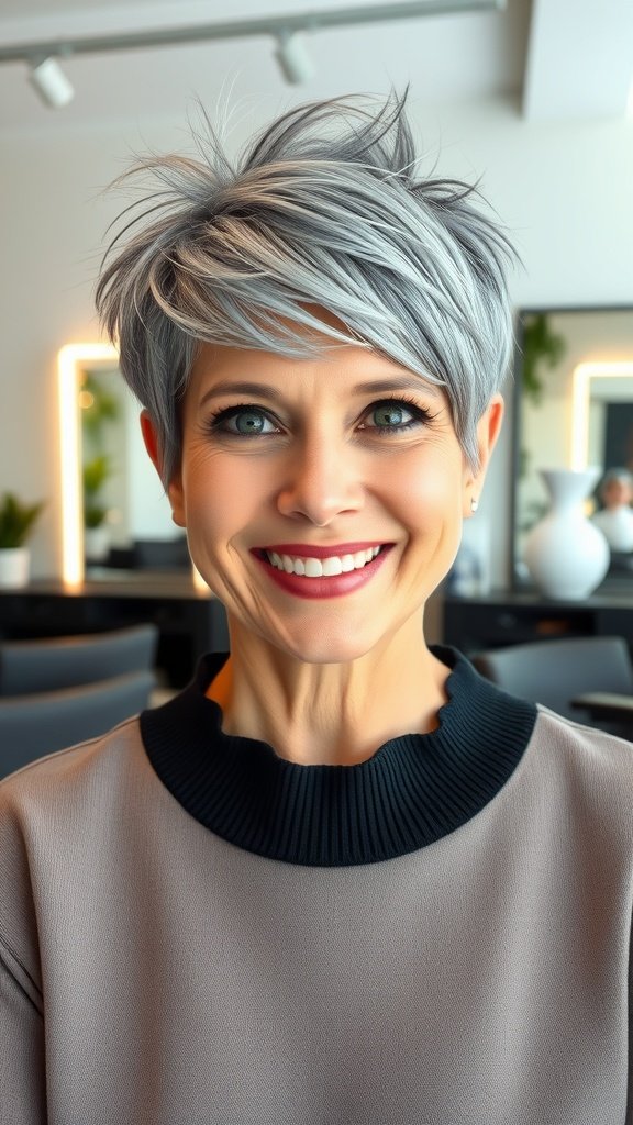 A woman with a spiky pixie hairstyle and long side bangs, smiling confidently.