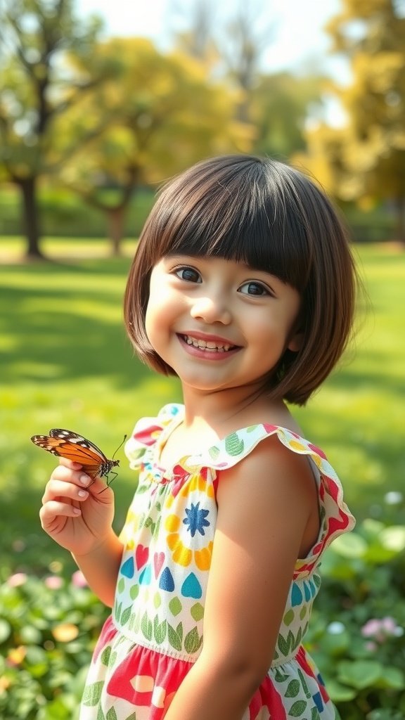 A young girl with a tapered bowl cut, smiling while holding a butterfly, dressed in a colorful outfit, surrounded by greenery.