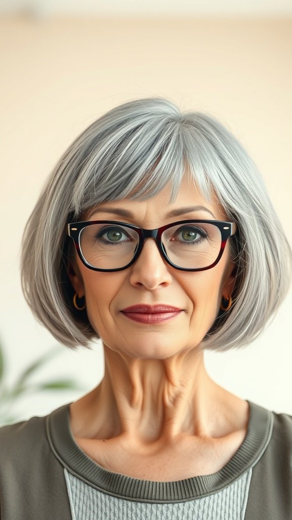 A woman over 70 with a textured bob hairstyle and glasses, showcasing a stylish and modern look.