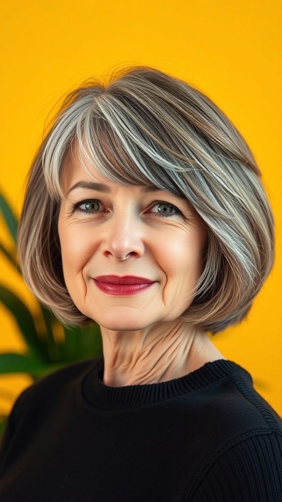 A woman with a textured bowl cut, showcasing soft layers and subtle highlights against a bright yellow background.
