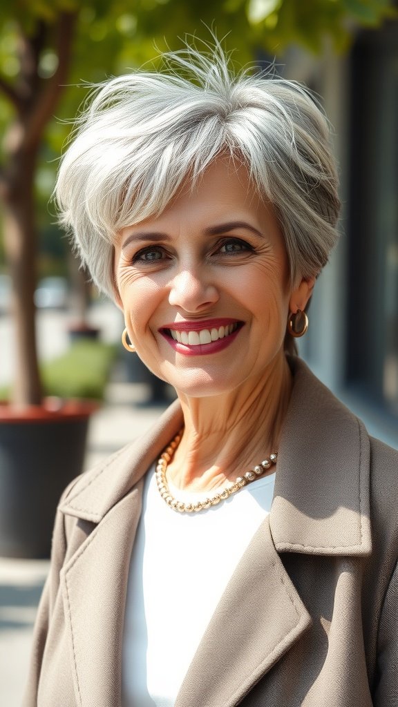 A woman with a tousled pixie bob hybrid hairstyle, smiling confidently outdoors.