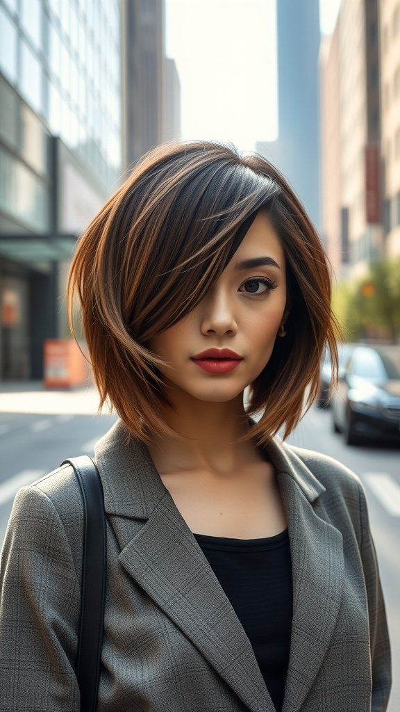 A woman with a voluminous asymmetrical bob hairstyle, featuring contrasting lengths, standing in an urban setting.