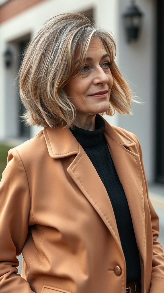 A woman with a voluminous lob hairstyle featuring textured layers, wearing a stylish blazer.