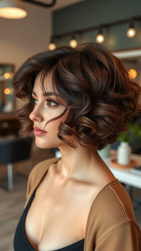 A woman with a voluminous perm on a short layered bob hairstyle, showcasing soft curls and rich hair tones.