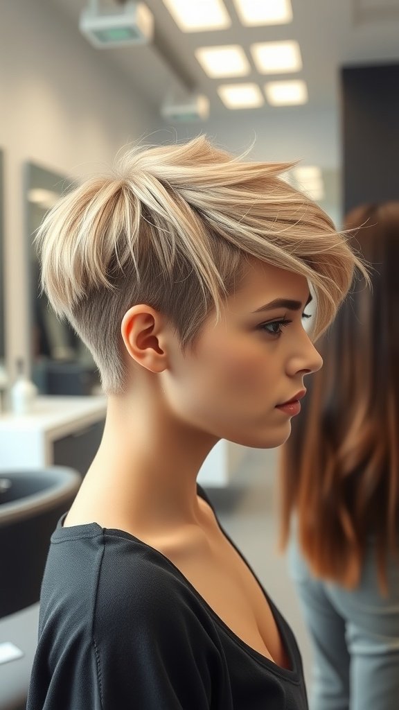 A stylish woman with a voluminous top pixie hairstyle and tapered sides, showcasing a modern and chic look.