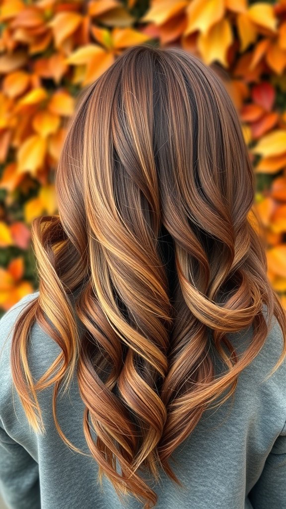 A woman with warm walnut balayage hair styled in soft waves, set against a backdrop of autumn leaves.