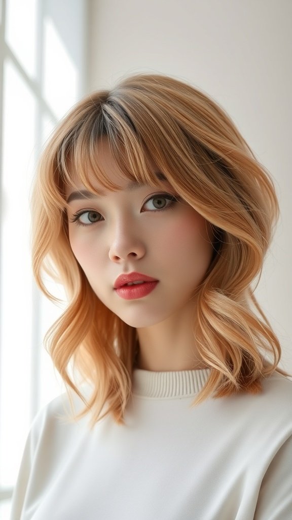 A woman with a wavy mid-length hairstyle and curtain bangs, showcasing a soft and feminine look.