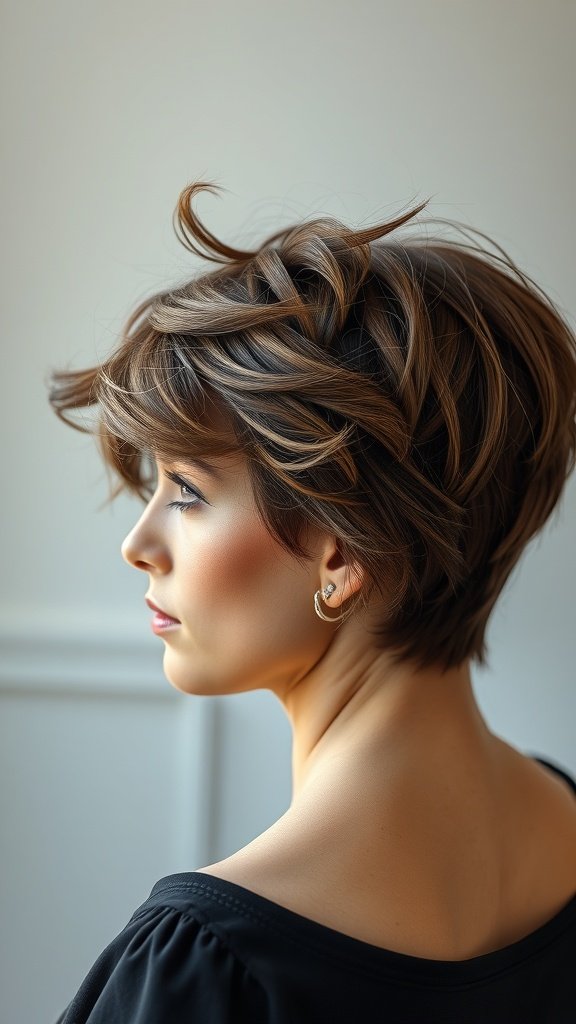 A woman with a wavy tousled pixie haircut showcasing volume and texture.