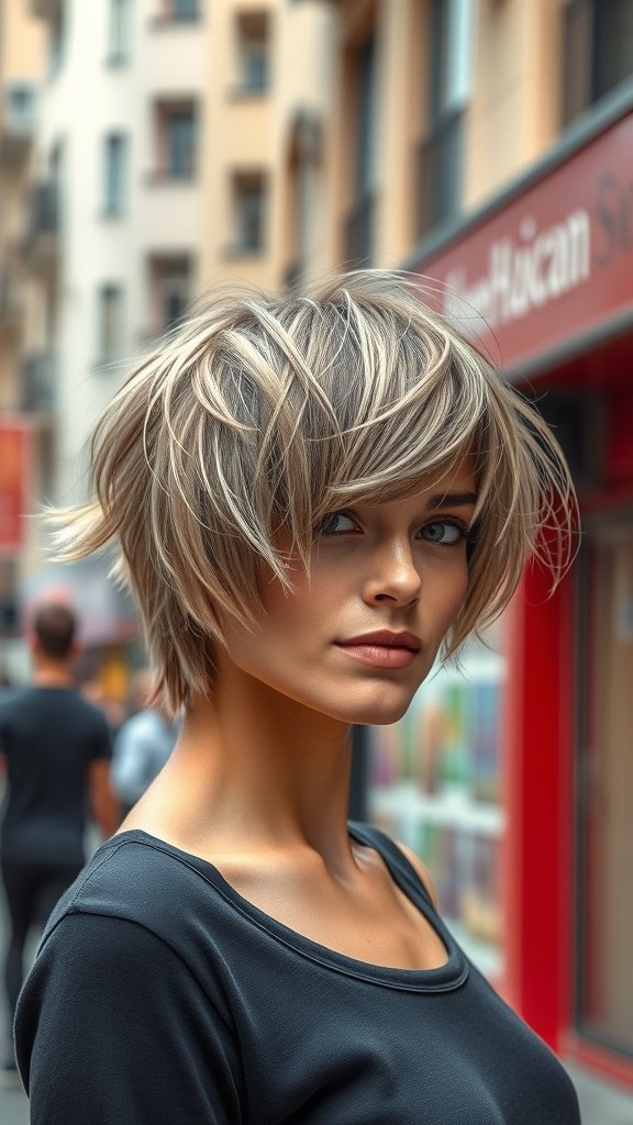 A woman with a wispy-layered shag haircut and feathered fringe bangs, showcasing a stylish and modern look.