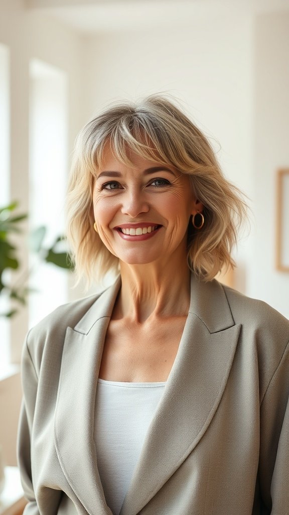 A woman over 60 with a wispy fringe and soft waves, smiling in a light-filled room.