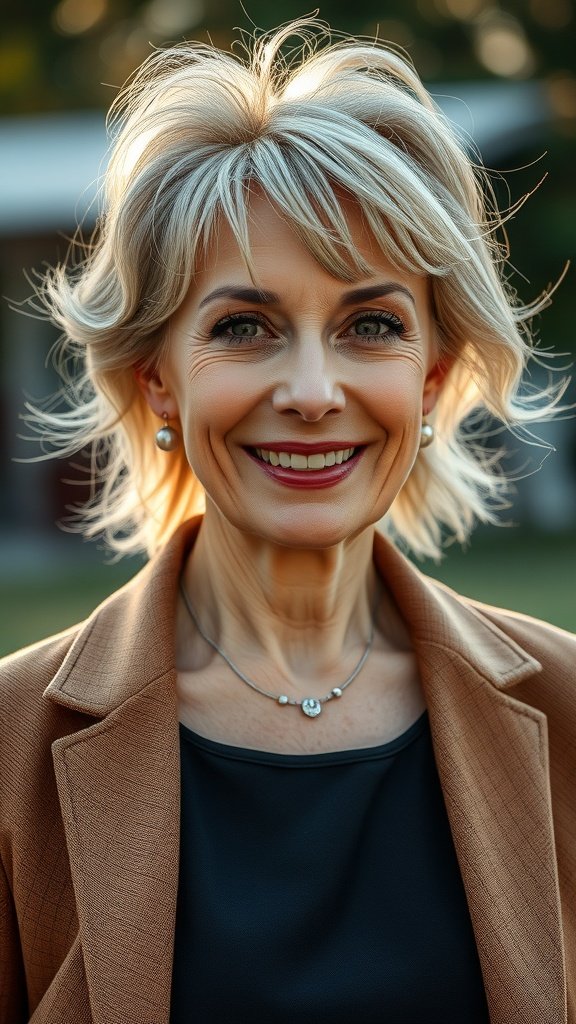 A woman over 60 with a wispy fringe and soft waves hairstyle, smiling confidently.