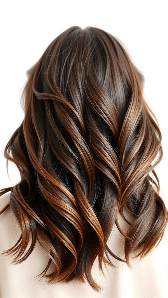 Shoulder-length hair styled in cascading chocolate layers with soft waves.