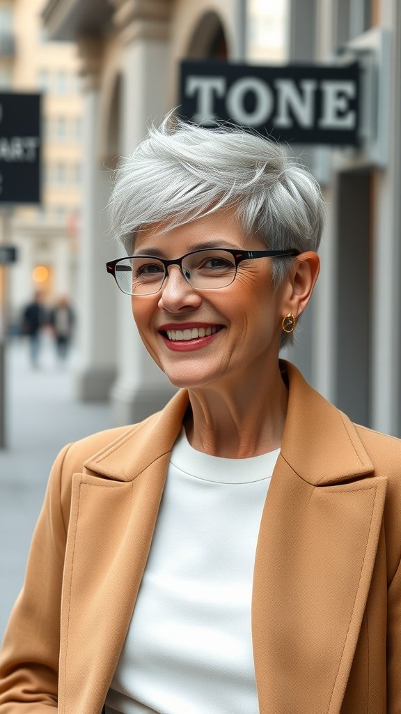 A stylish older woman with a pixie haircut featuring a textured top and undercut, smiling confidently in a chic outfit.