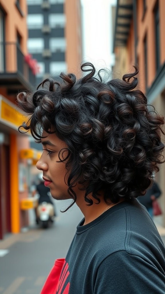 A person with a shaggy medium-length curly hairstyle, showcasing defined curls and layers.