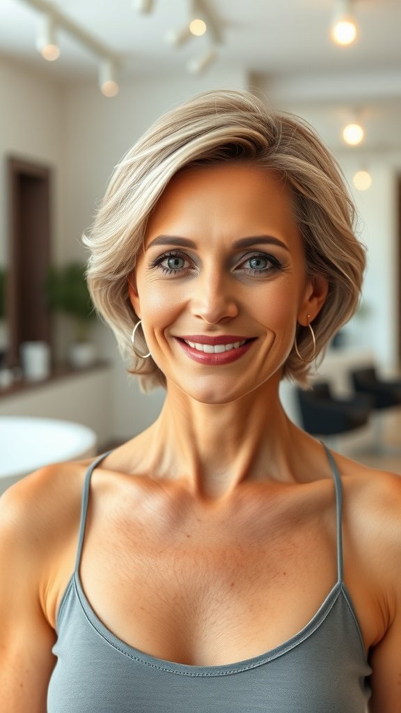 A woman with a short layered haircut and subtle waves, smiling confidently.