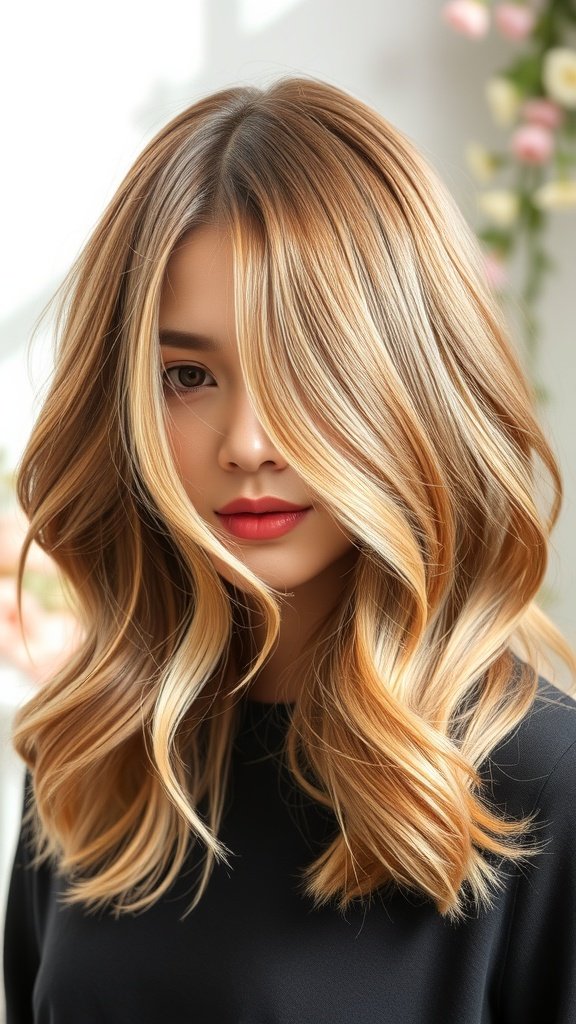 A woman with medium-length hair styled in internal layered ends, featuring soft waves and blended colors.