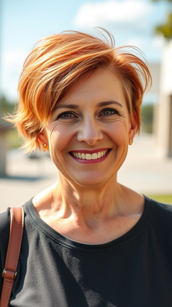 A smiling woman with a wavy pixie hairstyle and side bangs, showcasing a warm auburn color.