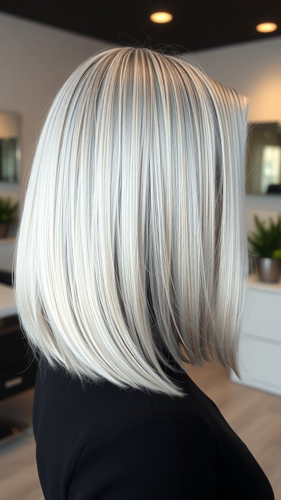 A sleek shoulder-length hairstyle featuring shiny silver strands.